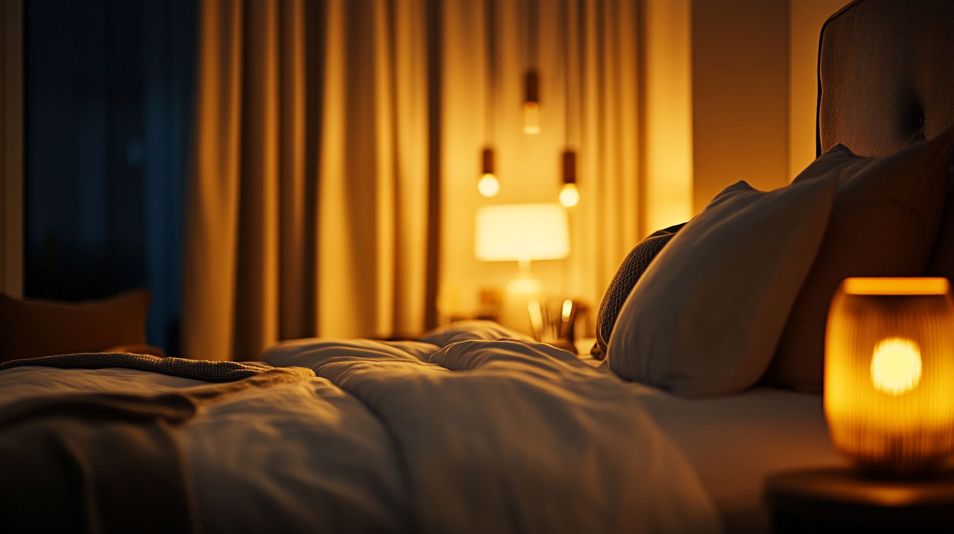 Gemütliches Schlafzimmer mit warmem Licht und einer Alpaka Bettdecke, die ein angenehmes Schlafklima und Wohlbefinden fördert.