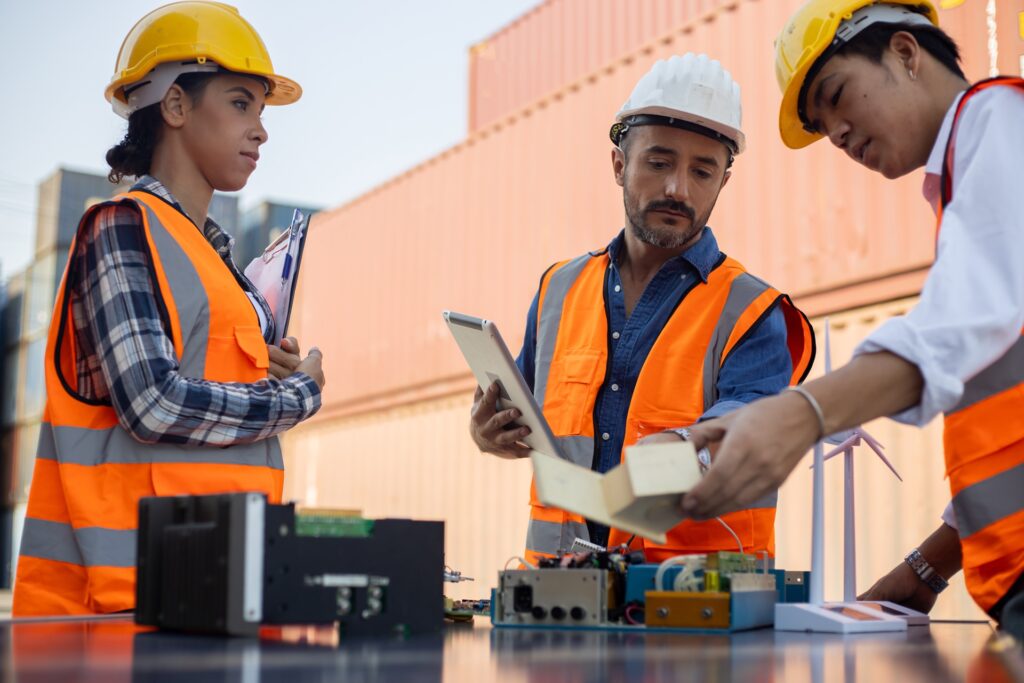 Ingenieure mit Schutzhelmen prüfen Projektunterlagen | Heizcontainer mieten