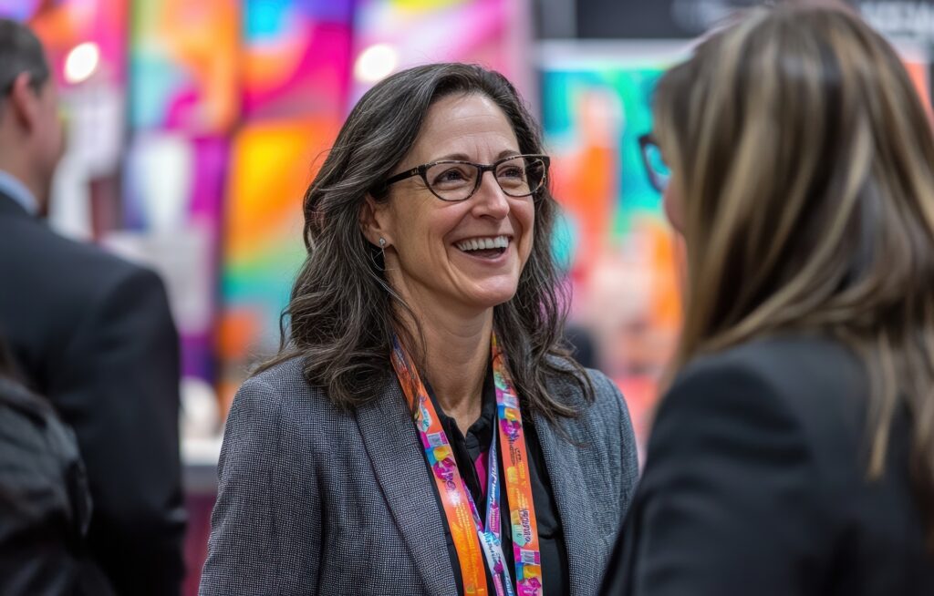 Frau führt Gespräch auf Business-Event | Messestand