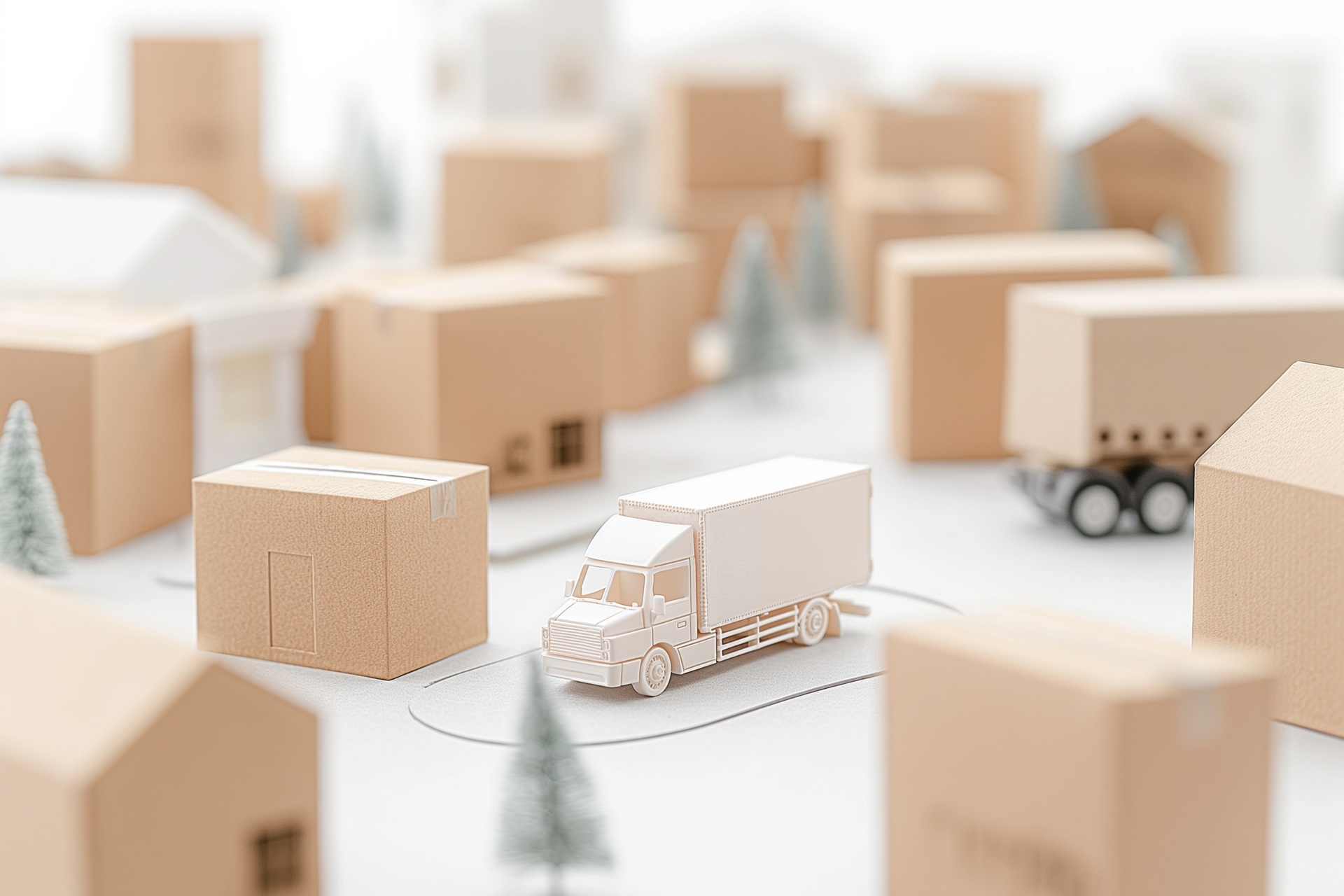 Miniatur-Lkw zwischen Versandkartons | Kartonverschließer