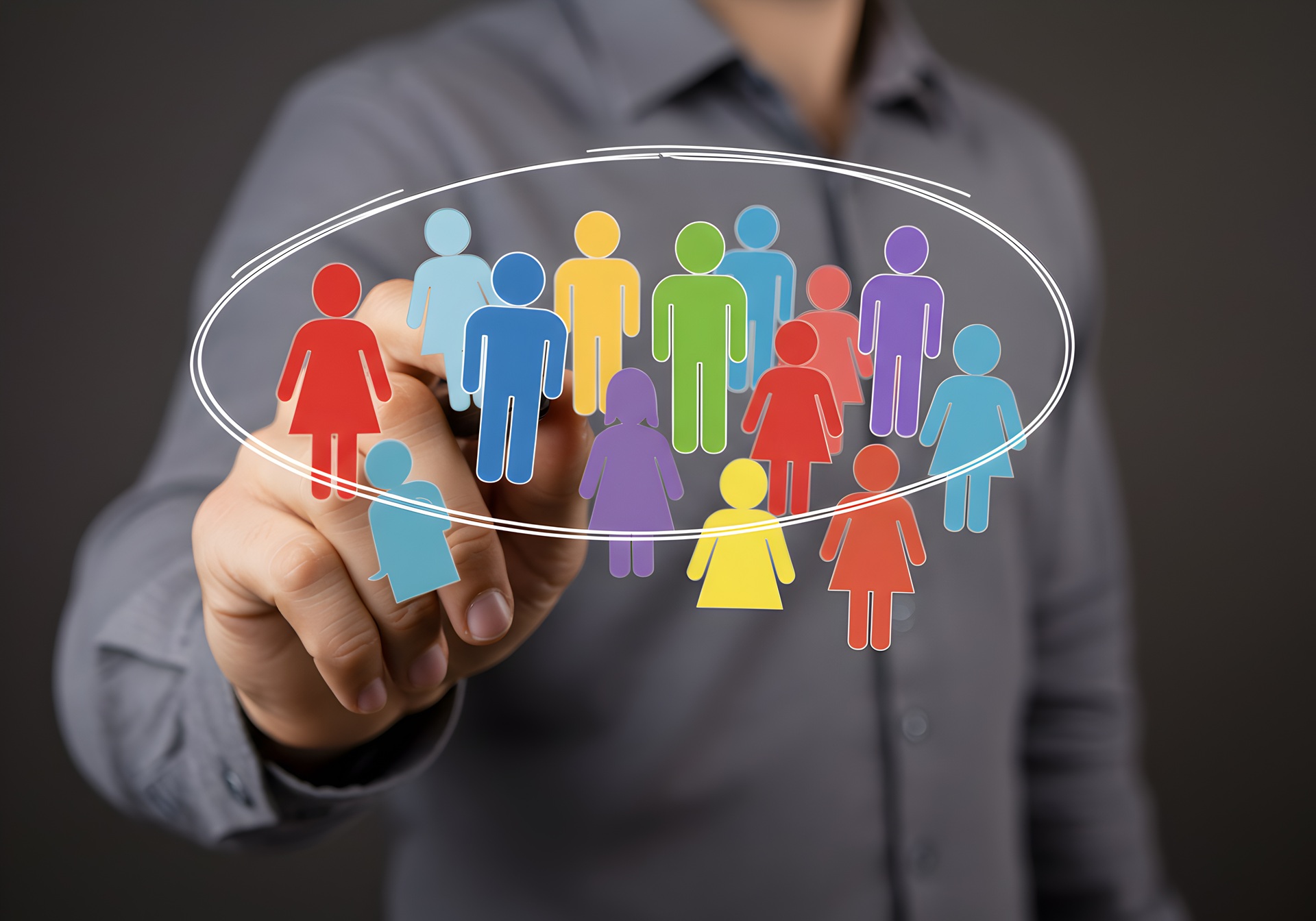 Hand zeigt bunte Zielgruppen-Symbole | Messestand