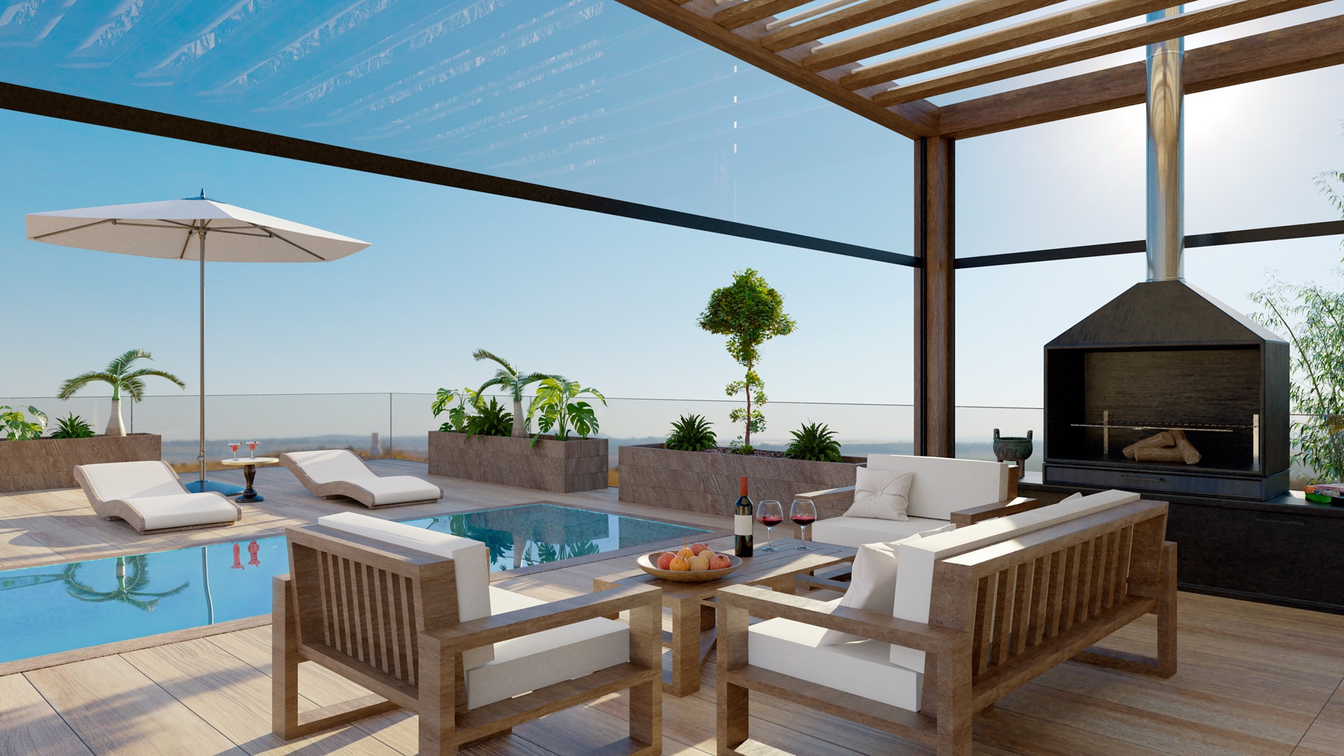 Luxuriöse Dachterrasse mit Pool und Außenkamin | Kaminholzregal Metall außen